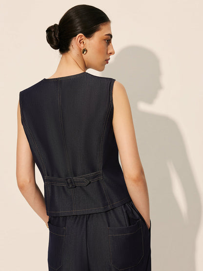 Denim Pockets Buttoned Vest