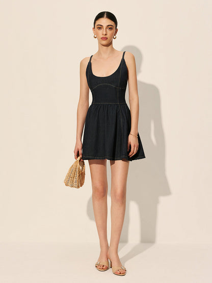 Backless Denim Flare Dress