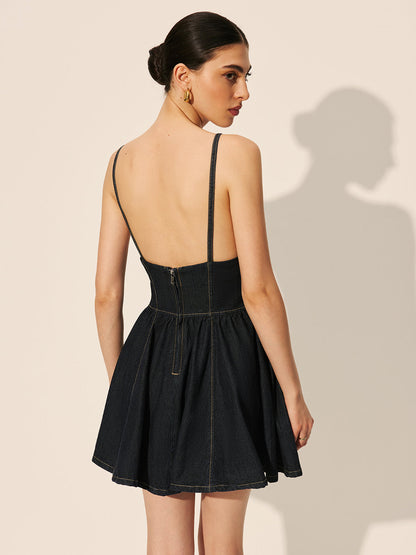 Backless Denim Flare Dress
