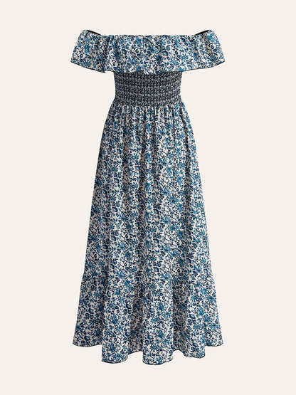 Boho Smocked Off-Shoulder Ruffle Floral Dress