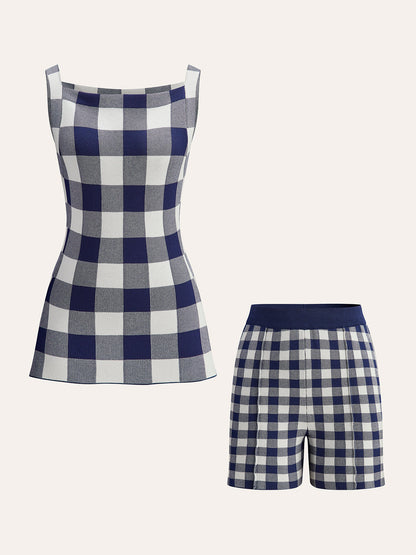 Checkerboard Sleeveless Knit Shorts Set