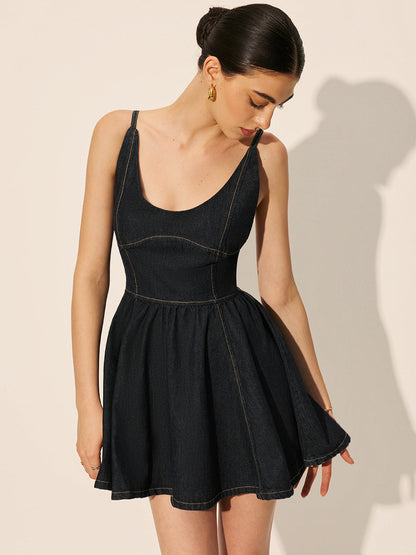 Backless Denim Flare Dress