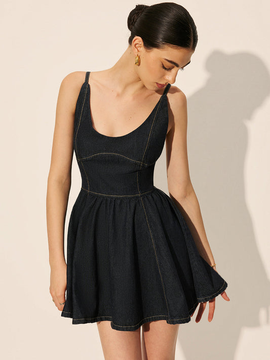 Backless Denim Flare Dress
