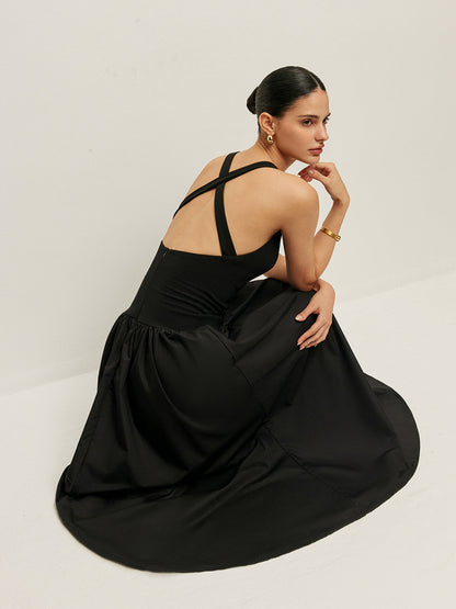 Cross Back Contrast Fabric Dress