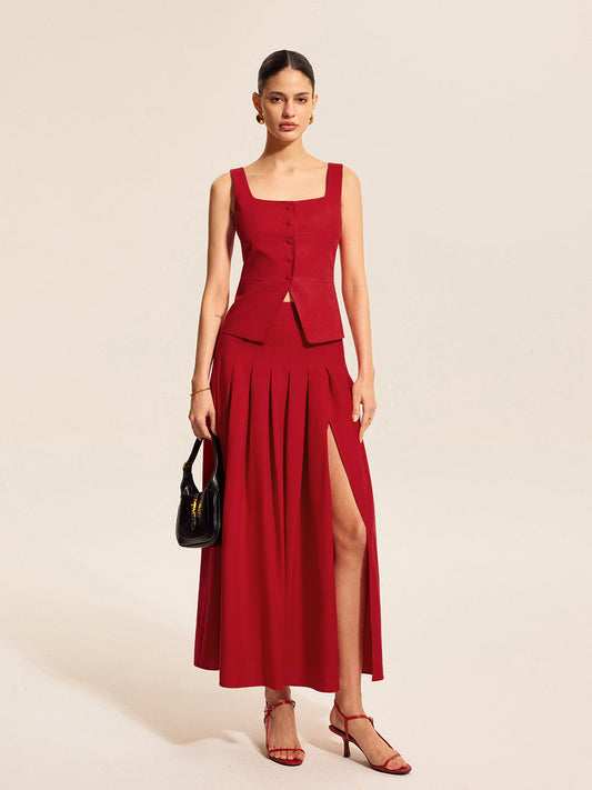 Cotton & Linen Pleated Slit Skirt