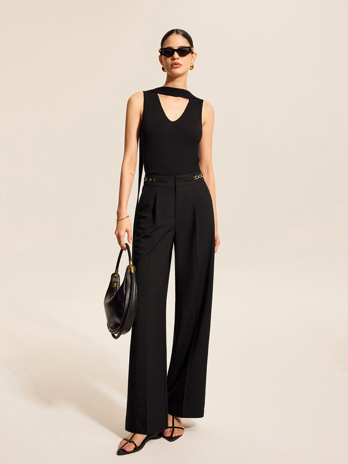 Mid-Waist Pleated Pants With Chain Detail