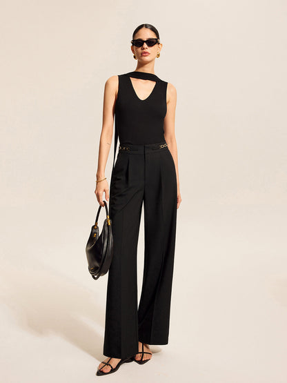Mid-Waist Pleated Pants With Chain Detail