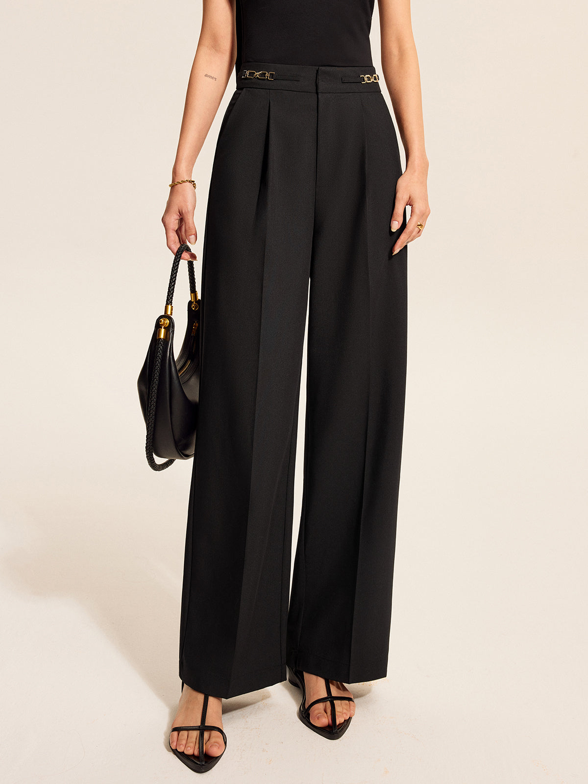 Mid-Waist Pleated Pants With Chain Detail