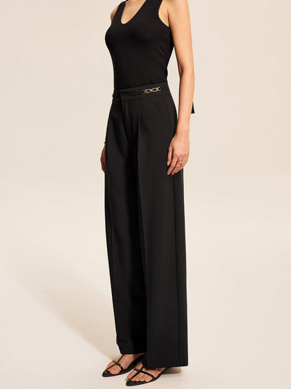 Mid-Waist Pleated Pants With Chain Detail