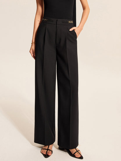 Mid-Waist Pleated Pants With Chain Detail