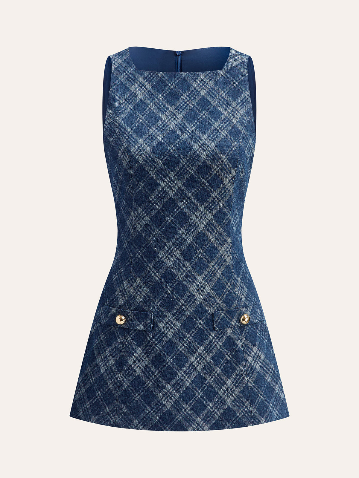 Metal Button Crew-Neck Decor-Pockets Denim Dress