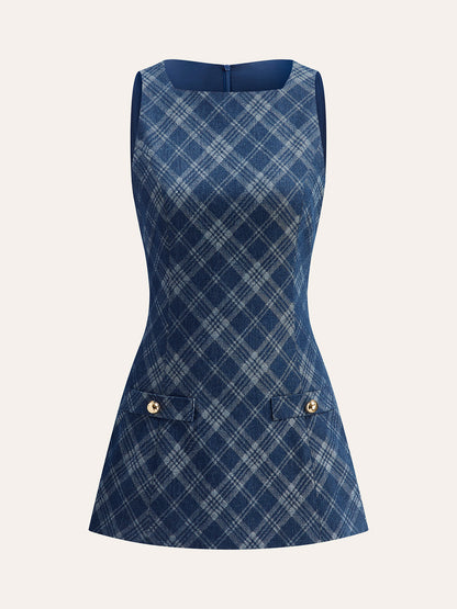 Metal Button Crew-Neck Decor-Pockets Denim Dress