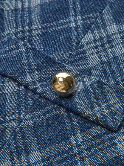 Metal Button Crew-Neck Decor-Pockets Denim Dress