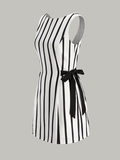 Striped Backless Dual-Sided Bow Zipper Dress