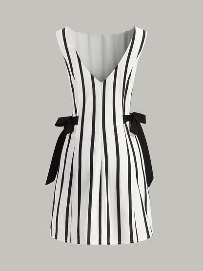 Striped Backless Dual-Sided Bow Zipper Dress