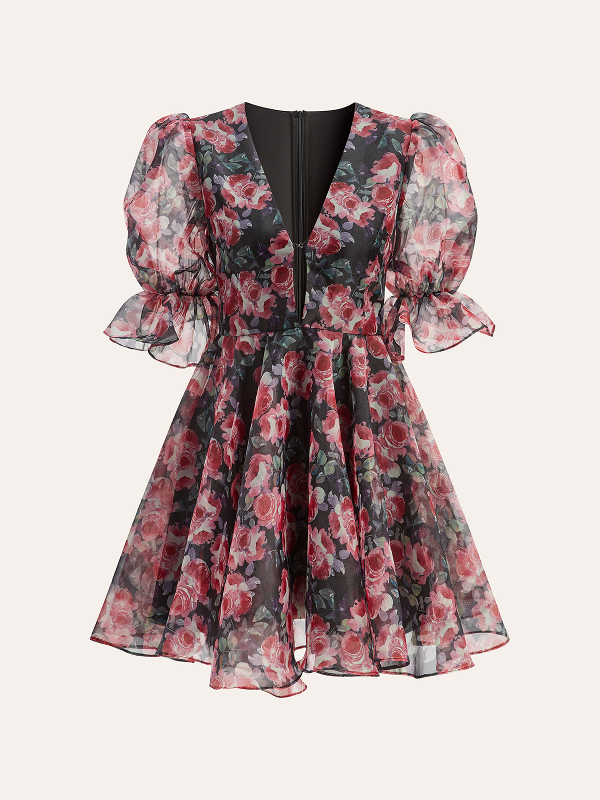 Semi-Sheer Puff Sleeve Floral Dress