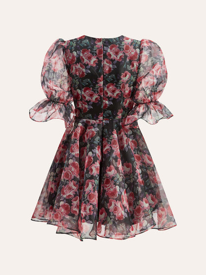 Semi-Sheer Puff Sleeve Floral Dress