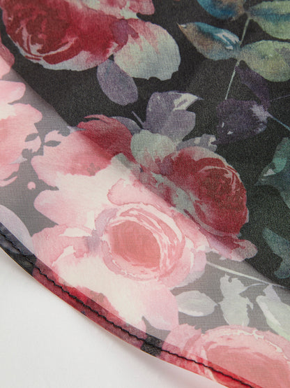 Semi-Sheer Puff Sleeve Floral Dress