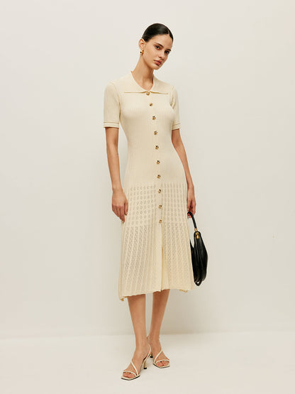 Knit Hollow Buttoned Polo Dress