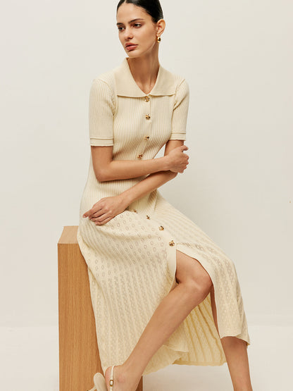 Knit Hollow Buttoned Polo Dress