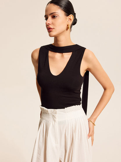 V-Neck Top With Scarf-Style Neck Tie
