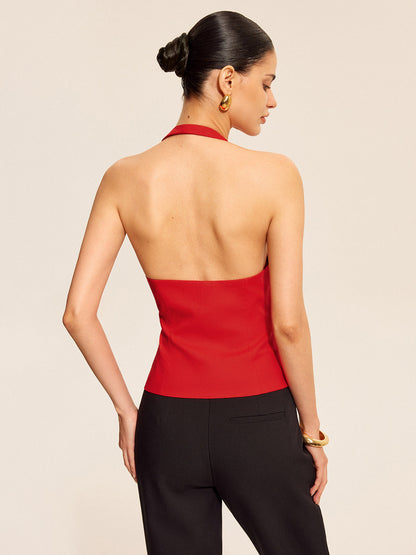Cotton & Linen Halter Wrap Top With Ring Detail