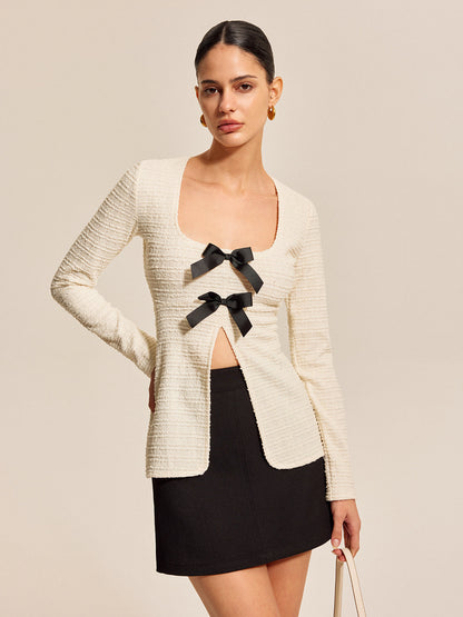 Bow Front Textured Long Sleeve Top