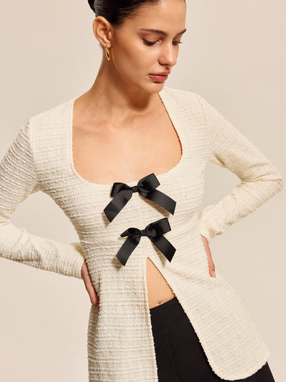Bow Front Textured Long Sleeve Top