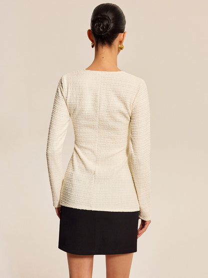 Bow Front Textured Long Sleeve Top