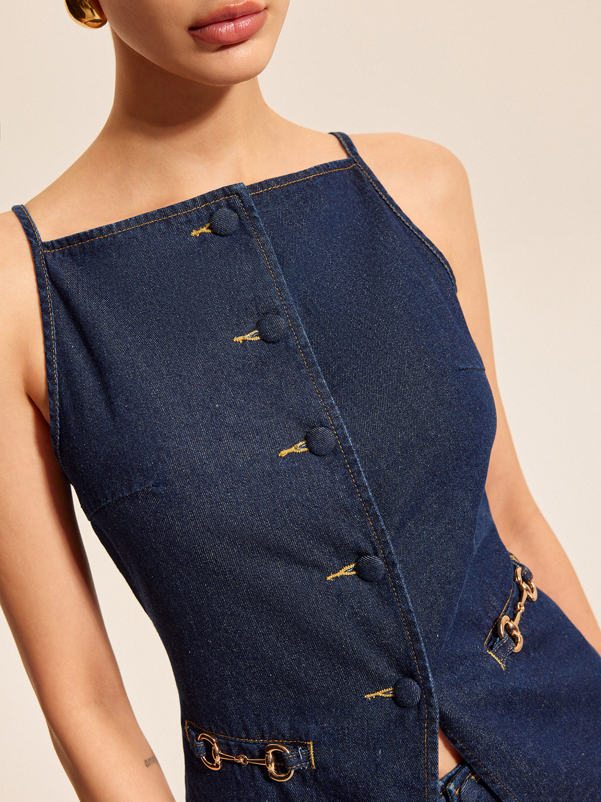 Button Detail Denim Shorts Set With Buckle Accents