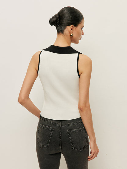 Contrast Trim Collared Buttoned Knit Vest