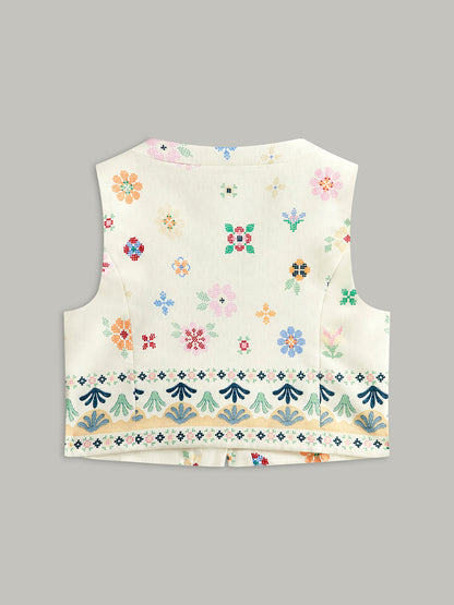 Floral Embroidered Button Detail Vest