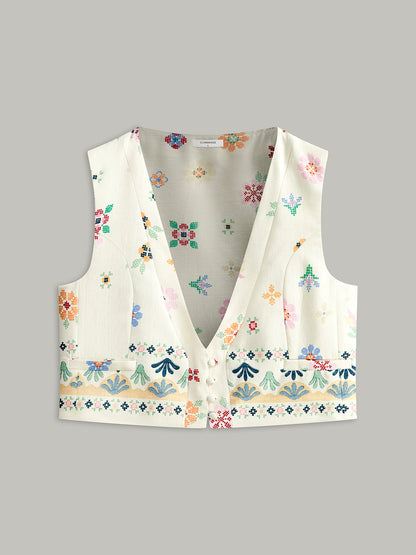 Floral Embroidered Button Detail Vest