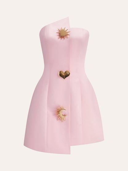 Satin Asymmetrical Buttoned Strapless Dress
