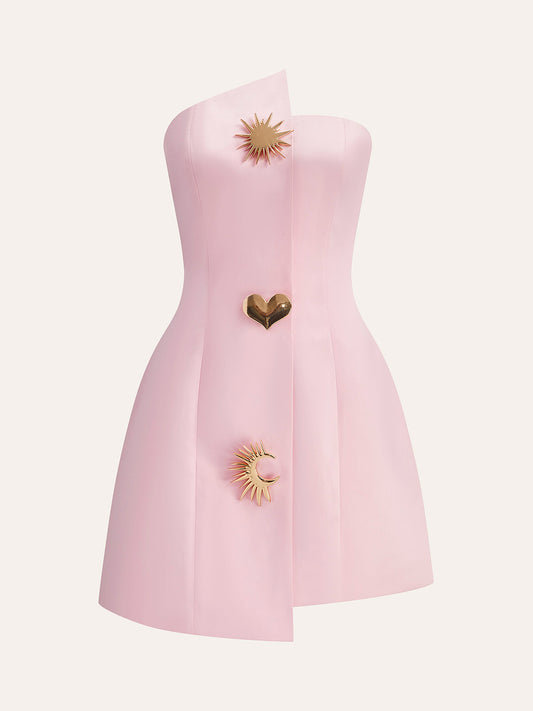 Satin Asymmetrical Buttoned Strapless Dress