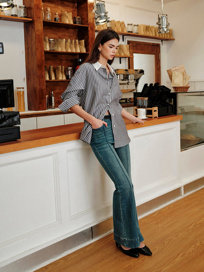 Striped Contrast Collar Button-Up Shirt