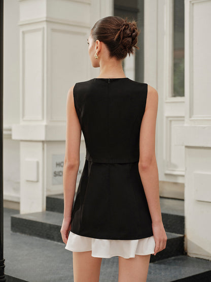 Pockets Ruffled Hem Buttoned Sleeveless Dress