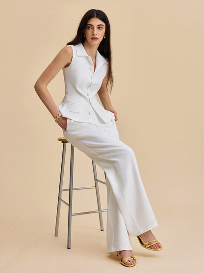 Pockets Buttoned Sleeveless Pants Set