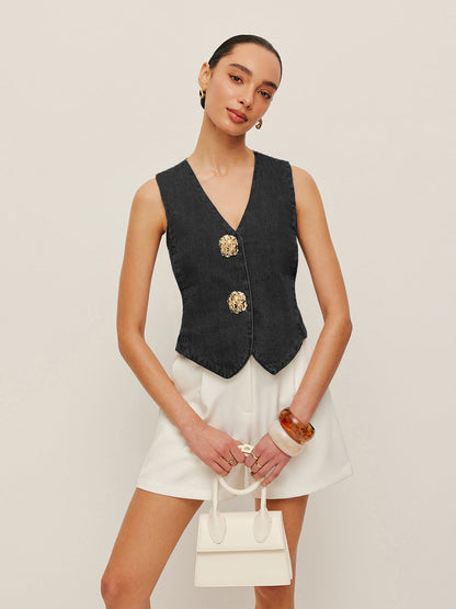 Tailored Denim Button-Up Vest