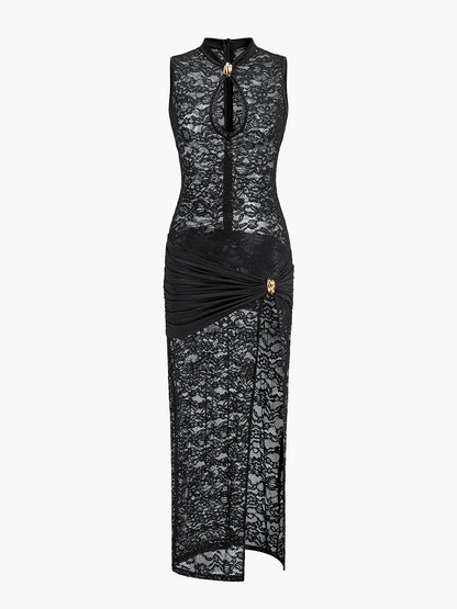 Sheer Lace Keyhole Cut-Out Dress With Ruched Design