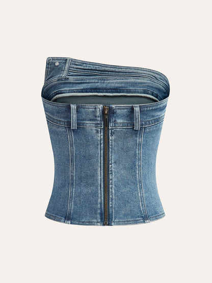 Asymmetrical Pleated Denim Strapless Top