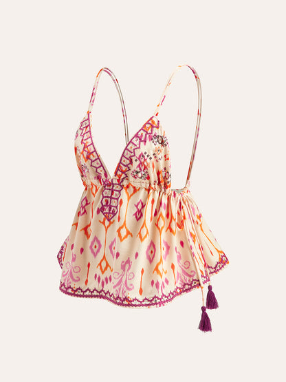 Embroidered Boho Tassel Tie Cami Top