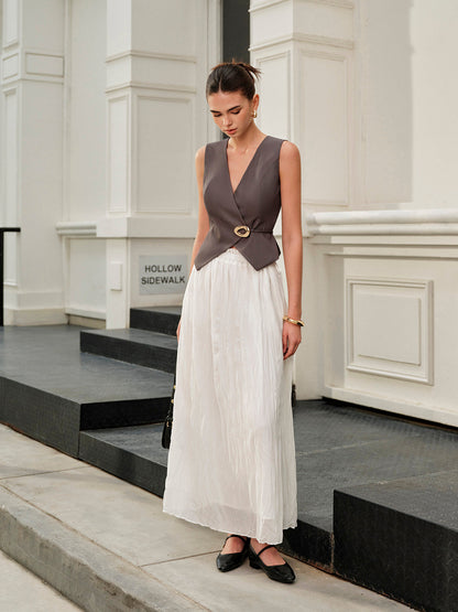 Elastic Waist Pleated Maxi Skirt