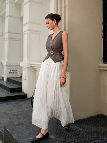 Elastic Waist Pleated Maxi Skirt