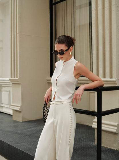 Cotton & Linen Round-Button Semi-Sheer Vest