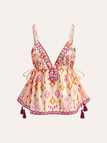 Embroidered Boho Tassel Tie Cami Top