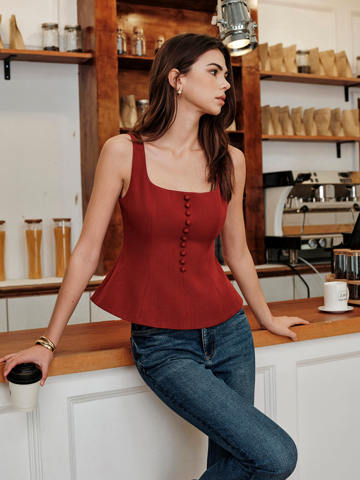 Square-Neck Zipper Tank Top