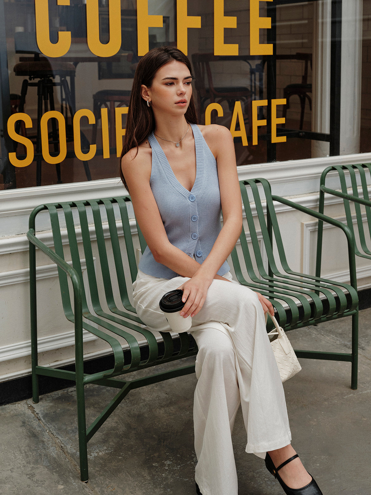V-Neck Ribbed Split Sweater Vest