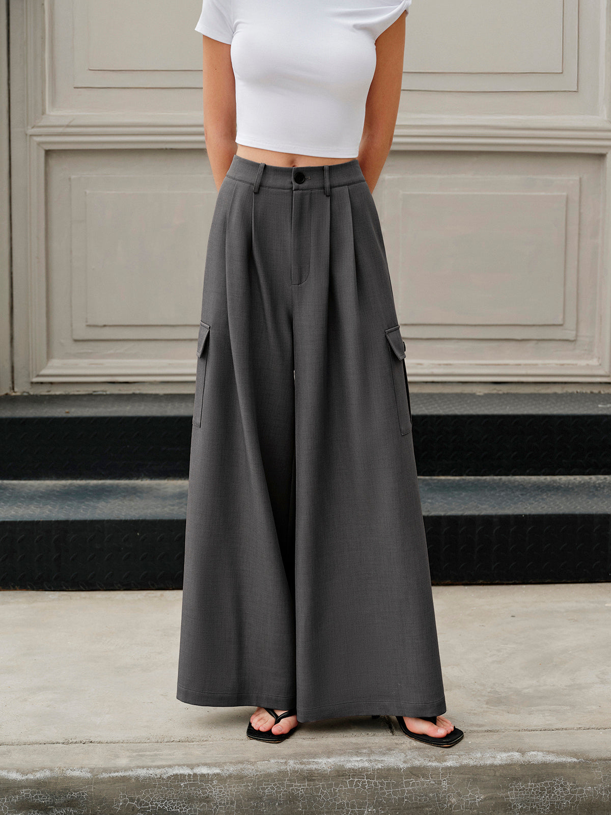 Mid-Waist Pockets Wide-Leg Pants