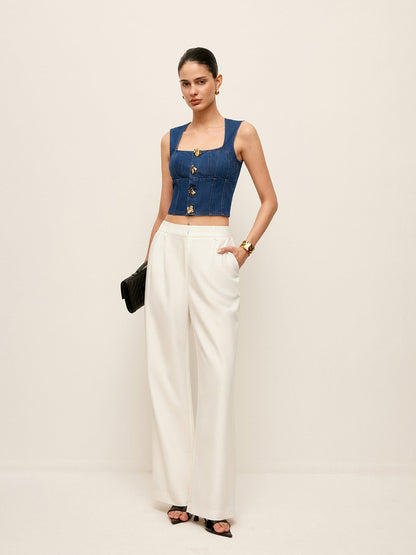 Cotton Square Neck Button Detail Denim Top